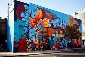 Public art installations and mural street art in building photo