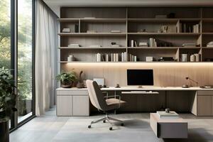 Modern works space with a focus on efficient and ergonomic office spaces photo