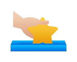 We want your feedback. Hand putting star in the feedback box vector