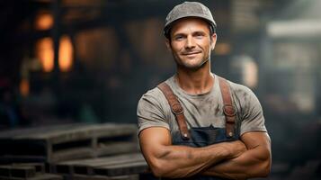 Photo of male worker smile looking camera. Generative AI