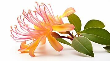 Photo of beautiful Honeysuckle flower isolated on white background. Generative AI