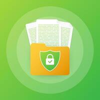 Document protection concept, confidential information and privacy. Secure data with paper doc roll and guard shield. Vector illustration.