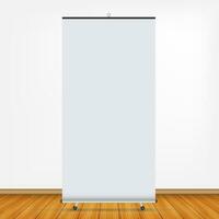 Blank roll up banner display. Roll up banner stand. Vector stock illustration