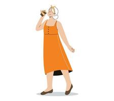 hermosa dibujos animados mujer en un vestir Bebiendo café. vector aislado joven niña con un papel vaso con un beber, plano estilo.