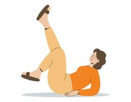 Cheerful cartoon young woman lying on the floor with her legs up. Vector isolated flat illustration.