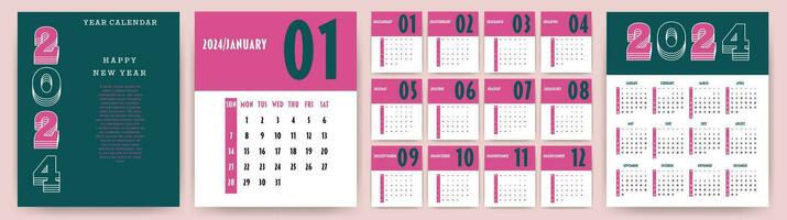 Calendar 2024 year. Week starts on Sunday. Design for planner, printing, stationery, organizer. vector