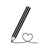 Pencil draws heart. Vector illustration. Pencil icon. Black and white linear drawing of hand drawn shape of heart. Concept of declaration of love. Valentines Day greeting card design.