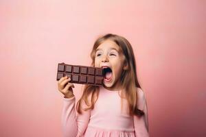 A happy little girl is eating a bar of chocolate. Child nutrition photo