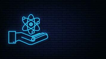 Neon Atom icon over hands , atom symbol motion graphic video