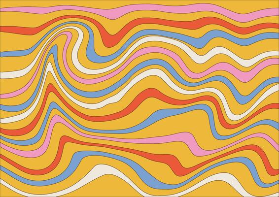 Abstract horizontal groovy background with colorful asymmetrical waves. Trendy vector illustration in style retro 60s, 70s. Pastel colors with contour lines.