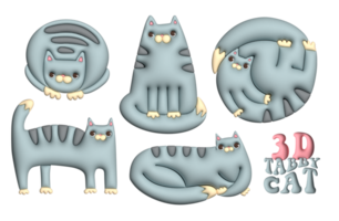 reeks van volumetrisch gelukkig grijs gestreept katten in verschillend poseert. 3d geven kittens verzameling. rastr klei stijl illustratie. png