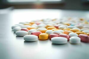 pastillas y vitaminas son en el mesa. medicina concepto. foto