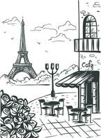 Cafe on background of Eiffel Tower sketch vector