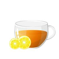 Glass cup tea with lemon slices. Icon vector illustration. Healthy drinks concept