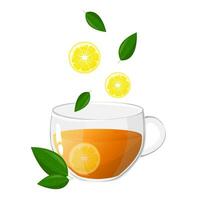 Glass cup tea with lemon slices and fresh green tea leaves. Icon vector illustration. Healthy drinks concept