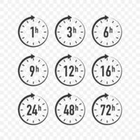 12, 24, 48, 72 hours clock arrow. Work time effect or delivery service time. Vector stock illustration