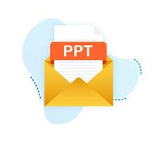 Download PPT button. Downloading document concept. File with PPT label and down arrow sign. Vector illustration