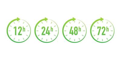 12, 24, 48, 72 hours clock arrow. Work time effect or delivery service time. Vector stock illustration