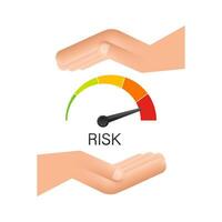 Risk icon on speedometer in hands. High risk meter. Vector stock illustration