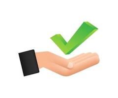 Check mark hanging over hands. Green approved star sticker on white background. Vector stock illustration