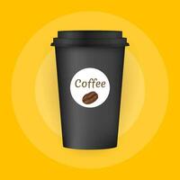 Close up take out coffee with brown cap and cup holder. Isolated on white background. Vector Illustration.