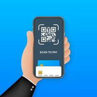 Scan to pay. Smartphone to scan QR code on paper for detail, technology and business concept. Vector stock illustration