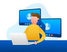 Incoming video call on laptop. Laptop with incoming call, man profile picture and accept decline buttons. Vector stock illustration