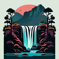 illustration of a mountain landscape with waterfall and forest photo