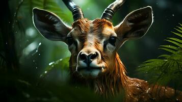 Close-up photo of a Antelope looking any direction on jungle. Generative AI