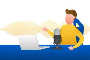 A man is doing live podcasts on his laptop. Live streaming, broadcast flat. Vector stock illustration