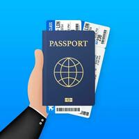 Blank passport template and airline tickets. International passport with sample personal data page. Vector stock illustration