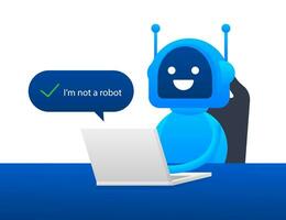 Captcha, I am not a robot on laptop screen. Vector stock Illustration.