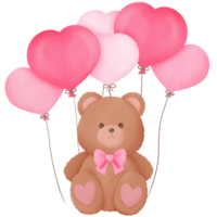 Watercolor Fuzzy Valentine Teddy bear with balloons, for decoration invitation and greetings png