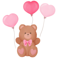 Watercolor Fuzzy Valentine Teddy bear with balloons, for decoration invitation and greetings png