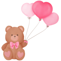 Watercolor Fuzzy Valentine Teddy bear with balloons, for decoration invitation and greetings png