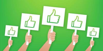 ands holds sign with yes green tick. Satisfaction, acceptance. Vector stock illustration