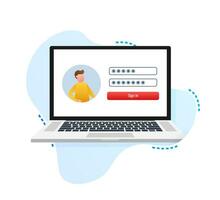 Login page on laptop screen. Notebook and online login form, sign in page. User profile, access to account concepts. Vector illustration