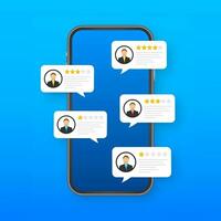 Review rating bubble speeches on mobile phone illustration, flat style smartphone reviews stars with good and bad rate and text. Vector Vector stock illustration