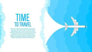 Time to travel. White airplane on a blue background in profile, banner, isolated. White airplane on a blue background in profile, banner, isolated. Vector stock illustration.