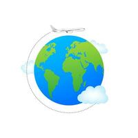 Plane and globe. Aircraft flying around Earth planet with continents and oceans. Flight plane, world travel air vector