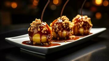 foto de caramelo manzanas como un plato en un gama alta restaurante. generativo ai