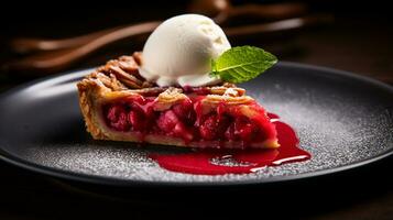 foto de ruibarbo tarta como un plato en un gama alta restaurante. generativo ai