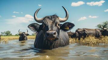 Photo of a Water Buffalo in the Farmland. Generative AI