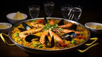 Photo of Caribbean Seafood Paella as a dish in a high-end restaurant. Generative AI