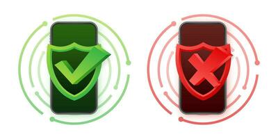 Smartphones with checkmarks set. Tick and cross check marks. Vector stock illustration