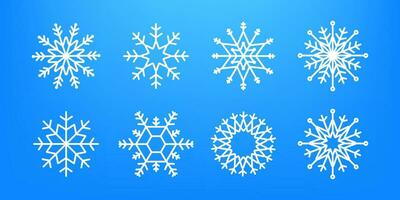 Many white cold flake elements on transparent background. Heavy snowfall, snowflakes in different shapes and forms. Vector stock illustration