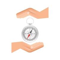 Compass icon over hands on white background. Flat vector navigation symbol. Vector stock illustration