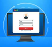 Login page on laptop screen. Notebook and online login form, sign in page. User profile, access to account concepts. Vector illustration