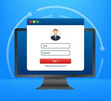 Login page on laptop screen. Notebook and online login form, sign in page. User profile, access to account concepts. Vector illustration