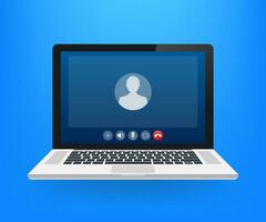 Incoming video call on laptop. Laptop with incoming call, man profile picture and accept decline buttons. Vector stock illustration